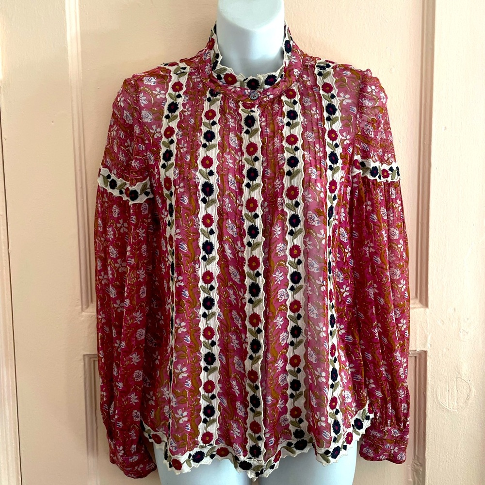 SEA New York pink chiffon shirt with mock neck and embroidered edges Small 2/4